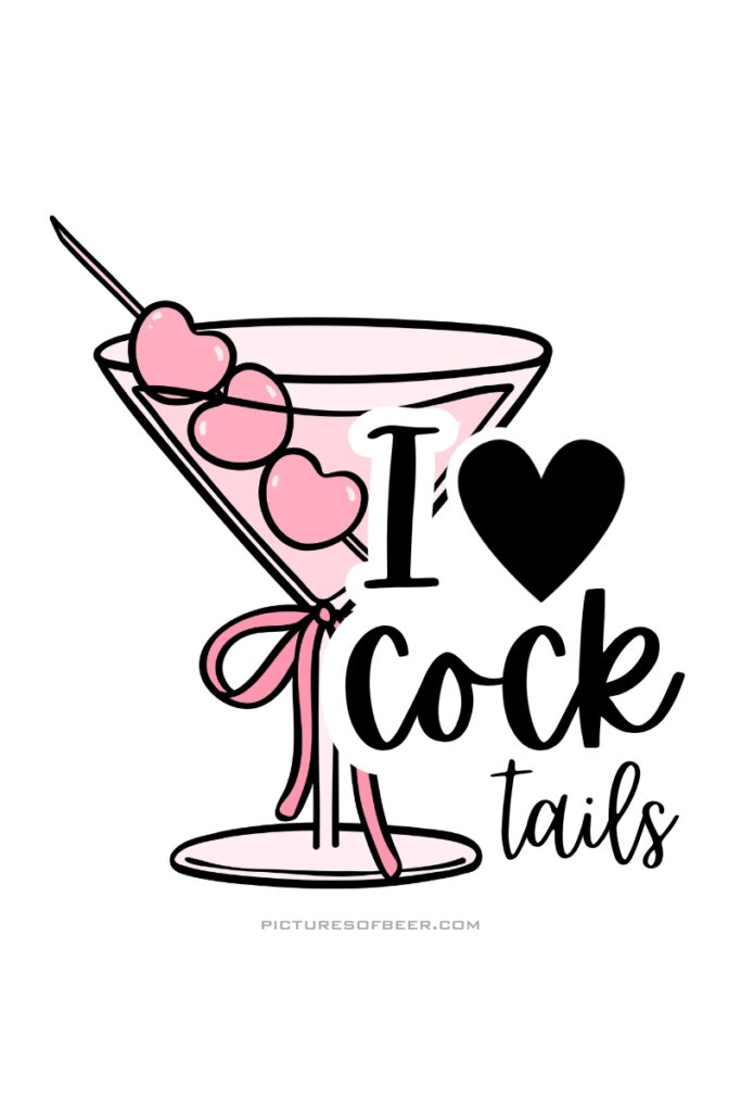 Stylized pink cocktail with heart-shaped garnish and ribbon-tied stem. Caption reads “I ♥ cocktails,” blending bold and cursive fonts for a cheeky, flirty vibe.