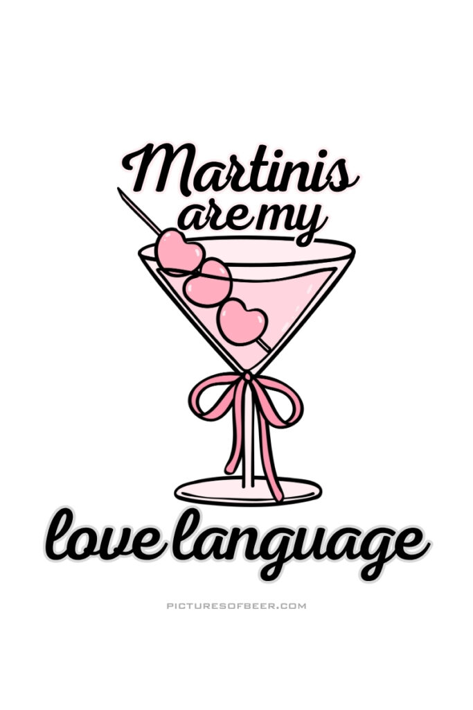 Martini glass with pink liquid and heart-shaped garnish, ribbon-tied stem, and romantic caption. A whimsical nod to martini lovers.
