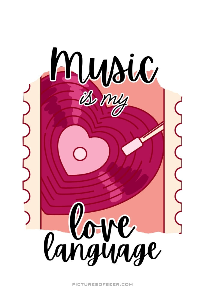 Illustration of a heart-shaped vinyl record with a needle, set against a pink-red background. Caption celebrates music as a form of emotional expression.