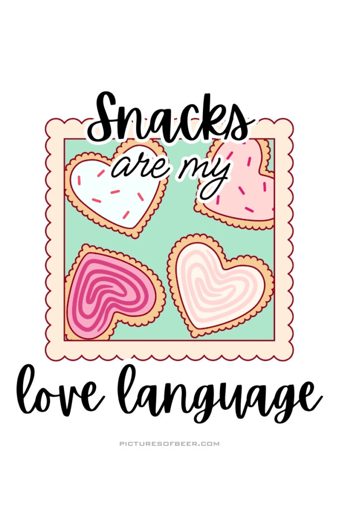 Four heart-shaped cookies with icing and sprinkles on a pastel background. Caption celebrates snacks as a form of affection.