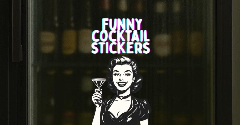 Retro-style graphic of a smiling woman holding a cocktail glass, with bold text above reading “Funny Cocktail Stickers,” set against a blurred background of bottles on shelves. Ideal for promoting humorous sticker designs with a vintage bar aesthetic.