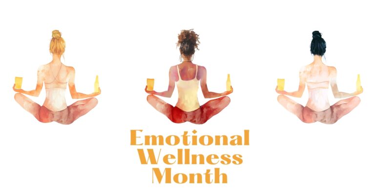 Watercolor illustration of three diverse individuals meditating with drinks in hand, set beneath bold ‘Emotional Wellness Month’ text—celebrating self-care, humor, and mental health awareness through inclusive, artistic design.
