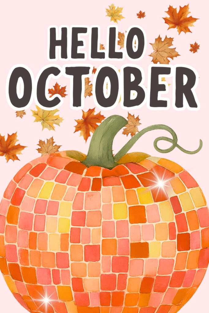 Festive Hello October illustration featuring a mosaic-style pumpkin and vibrant fall leaves on a pink background—celebrating the arrival of autumn and emotional wellness.