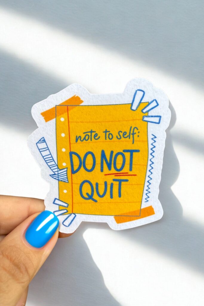 Sticker designed like a yellow notepad with bold blue and red text reading “Note to self: DO NOT QUIT,” accented by playful scribbles and paper clip graphics—encouraging perseverance and motivation.