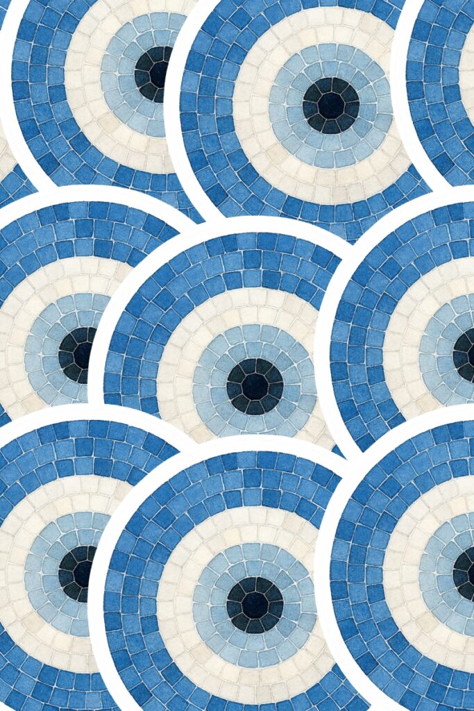 Repeating mosaic pattern of concentric evil eye designs in shades of blue, white, and black—symbolizing protection and visual harmony in a bold, geometric layout.