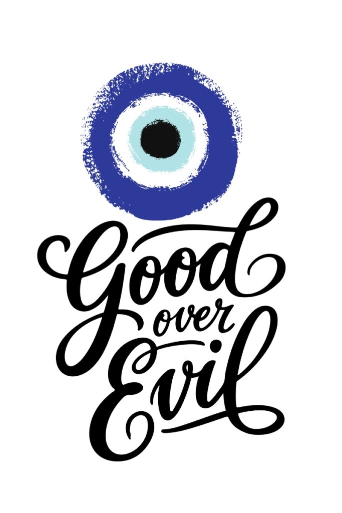 Stylized evil eye illustration with brushstroke texture in blue, black, and white, paired with elegant cursive text reading “Good over Evil”—a symbolic blend of positivity and spiritual protection.