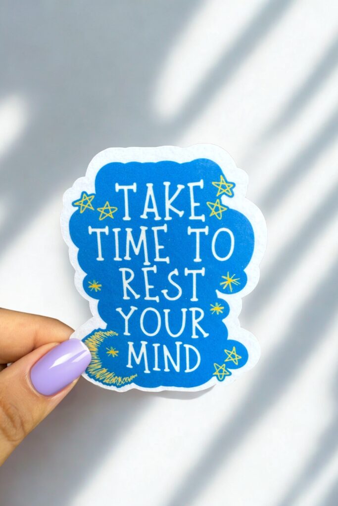 Blue sticker with white and yellow text reading “Take Time to Rest Your Mind,” accented by decorative stars—promoting mental health, mindfulness, and self-care.