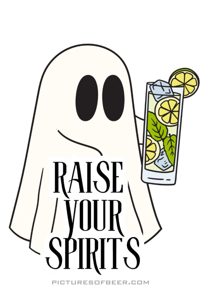 Ghost holding a minty cocktail; caption doubles as a toast and a nod to ghostly cheer.