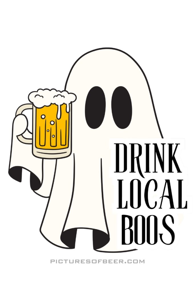 Ghost with a frothy beer mug and punny message promoting local brews with Halloween flair.