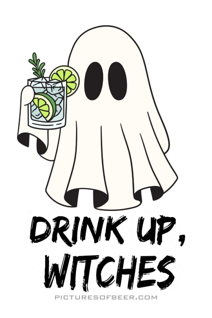 Ghost holding a cocktail with lime and rosemary; bold text invites festive drinking with witchy wordplay.