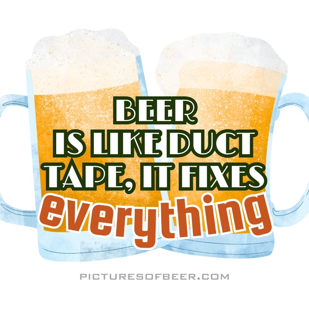 Two clinking beer mugs with bold red and green text comparing beer to duct tape. A funny sticker for toolboxes, fridges, or gag gifts.