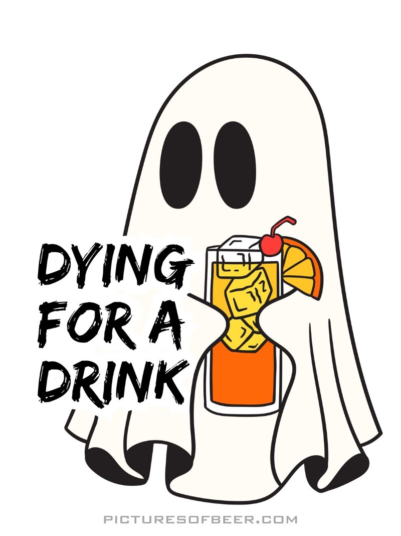 Smiling ghost holding an orange cocktail with cherry and citrus garnish; humorous caption plays on thirst and ghostly existence.