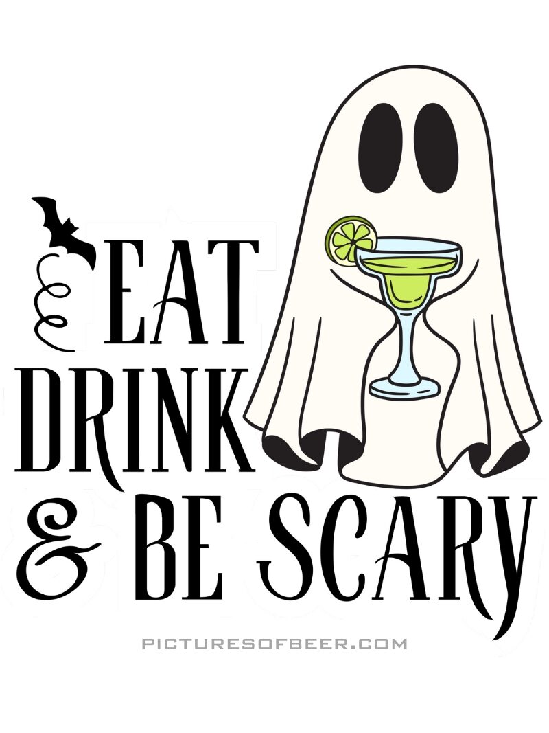 Smiling ghost holding an orange cocktail with cherry and citrus garnish; humorous caption plays on thirst and ghostly existence.