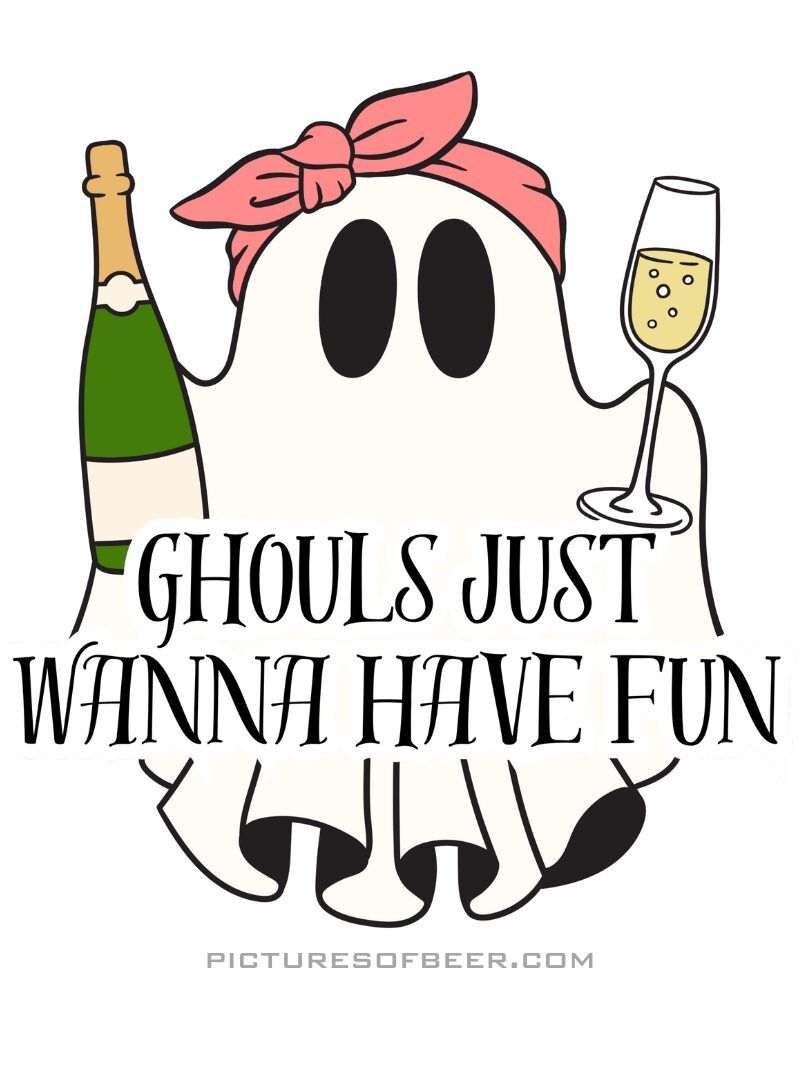 Ghost in a pink headscarf holding champagne bottle and flute; caption riffs on the iconic song with Halloween charm.