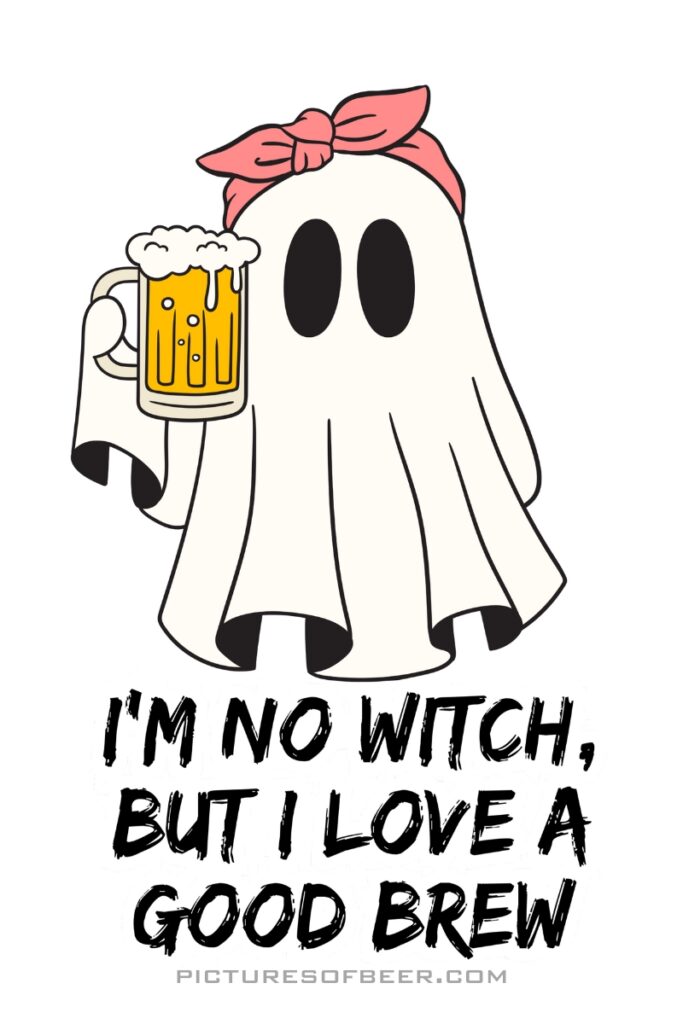 Ghost wearing a pink headband, clutching a beer mug; playful caption blends witchy humor with beer culture.