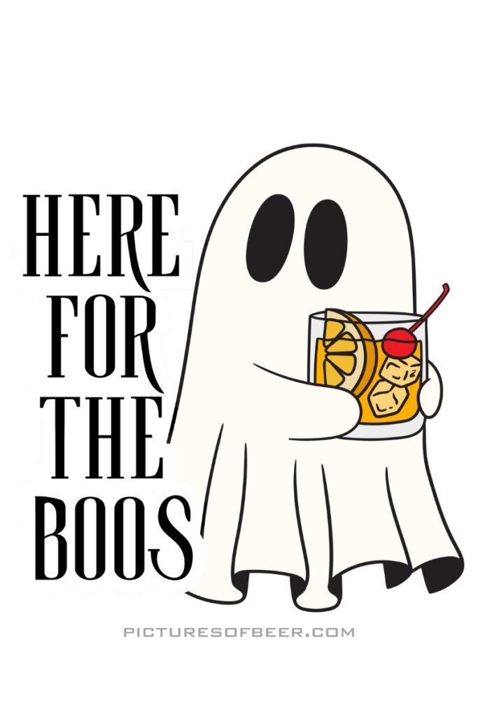 Ghost with a cocktail featuring a tiny ghost face inside; punny caption celebrates Halloween and booze.