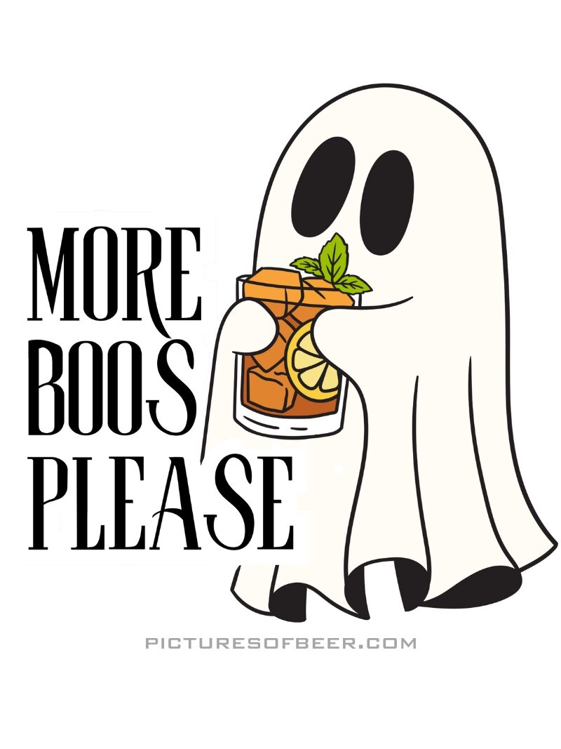 Ghost with citrusy cocktail; caption blends ghost sounds and alcohol in a festive pun.