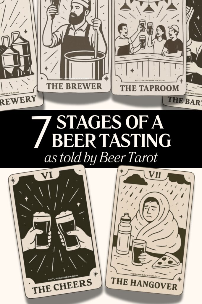 Illustrated poster titled “7 Stages of a Beer Tasting as told by Beer Tarot,” featuring seven stylized tarot-style cards that humorously depict each stage of a beer tasting—from brewing and bartending to cheers and hangover. Includes Roman numerals, decorative borders, and whimsical beer-themed scenes.