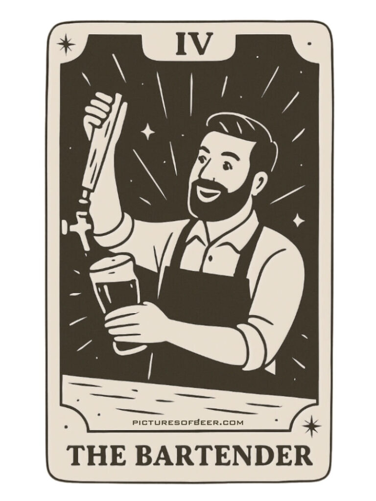 Beer Tarot-inspired card showing a smiling bartender pouring beer from a tap, surrounded by sparkles. Embodies charm, confidence, and flow.