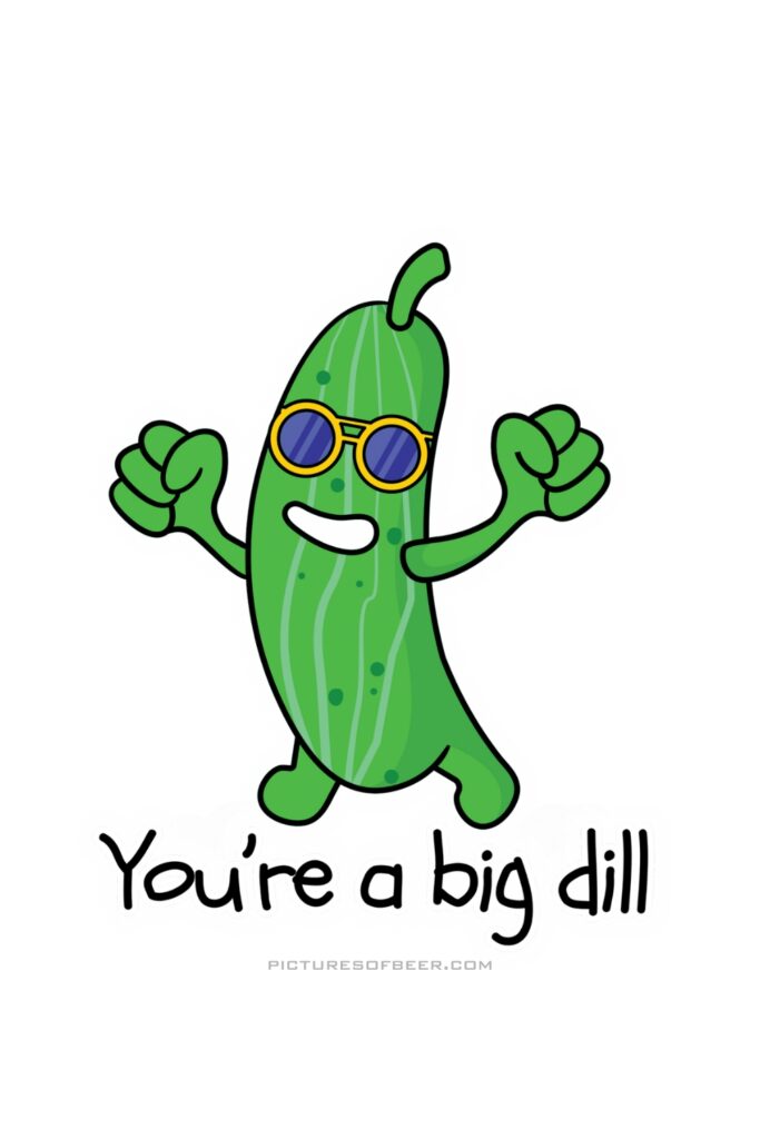 Funny pickle puns sticker featuring a confident cartoon pickle with sunglasses and the quote ‘You’re a big dill.