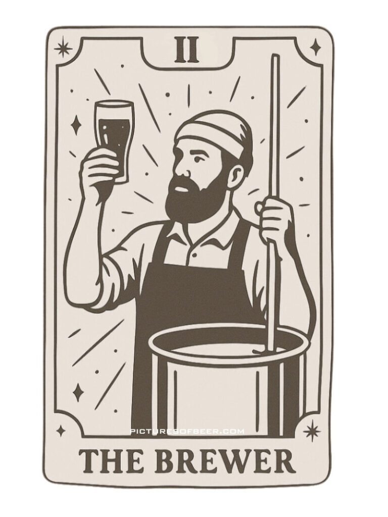 Illustrated beer tarot card showing a bearded brewer with a headband, holding a pint and stirring paddle beside a brewing vat. Symbolizes craftsmanship and pre-game energy.