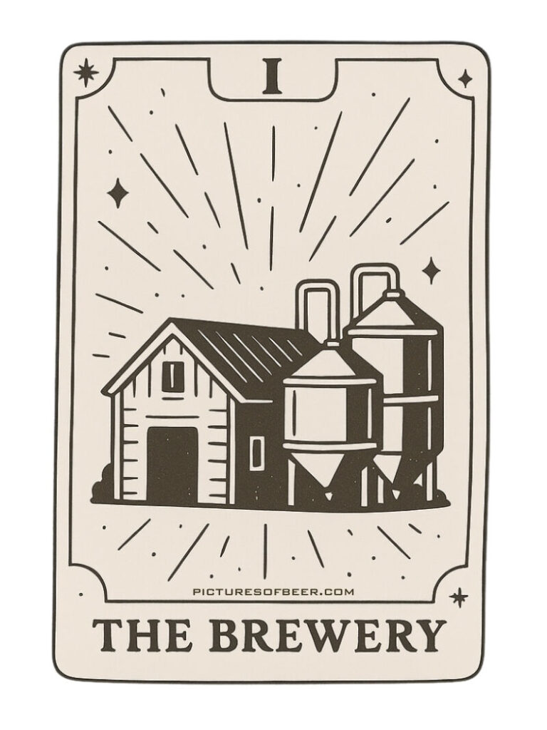 Stylized beer tarot card featuring a brewery building and fermentation tanks, surrounded by stars and radiant lines. Represents the beginning of the beer journey.