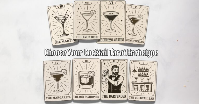 Cocktail tarot card collection featuring eight illustrated archetypes including The Martini, Lemon Drop, Espresso Martini, Cosmopolitan, Margarita, Old Fashioned, Bartender, and Cocktail Bar – Choose Your Cocktail Tarot Archetype