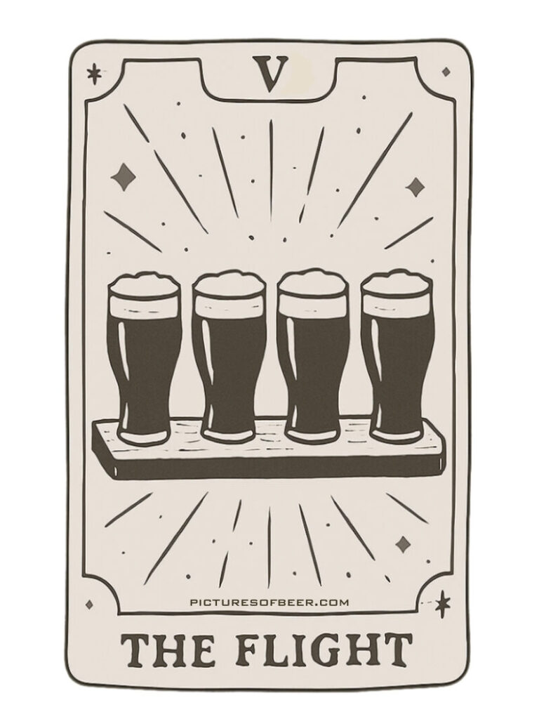 Beer Tarot-style card with four beer glasses on a wooden paddle, surrounded by decorative lines and diamonds. Represents choice, curiosity, and tasting variety.