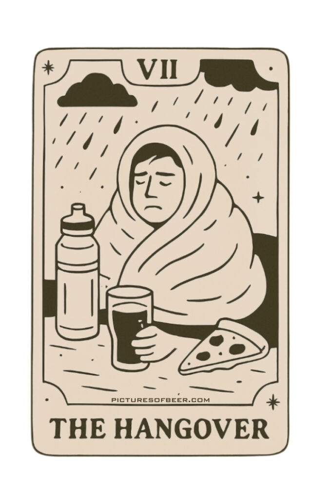 Humorous beer tarot card showing a person wrapped in a blanket at a table with pizza, beer, and a baby bottle, under rainy clouds. Depicts the aftermath of indulgence.