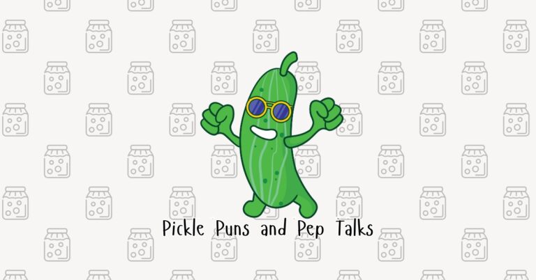 Funny pickle illustration with sunglasses and a cheerful pose, promoting blog content about pickle puns and motivational quotes.