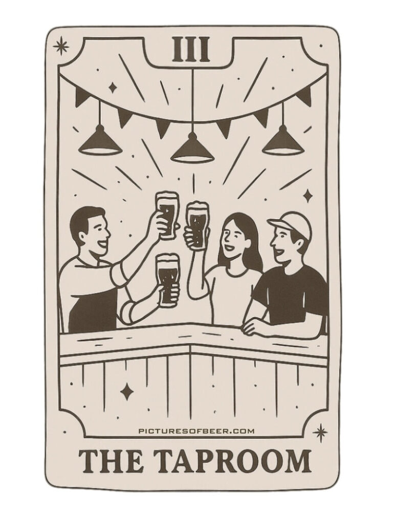 Monochrome beer tarot-style card with three people raising beer glasses behind a bar, under festive lights and bunting. Captures the social peak of a beer tasting.