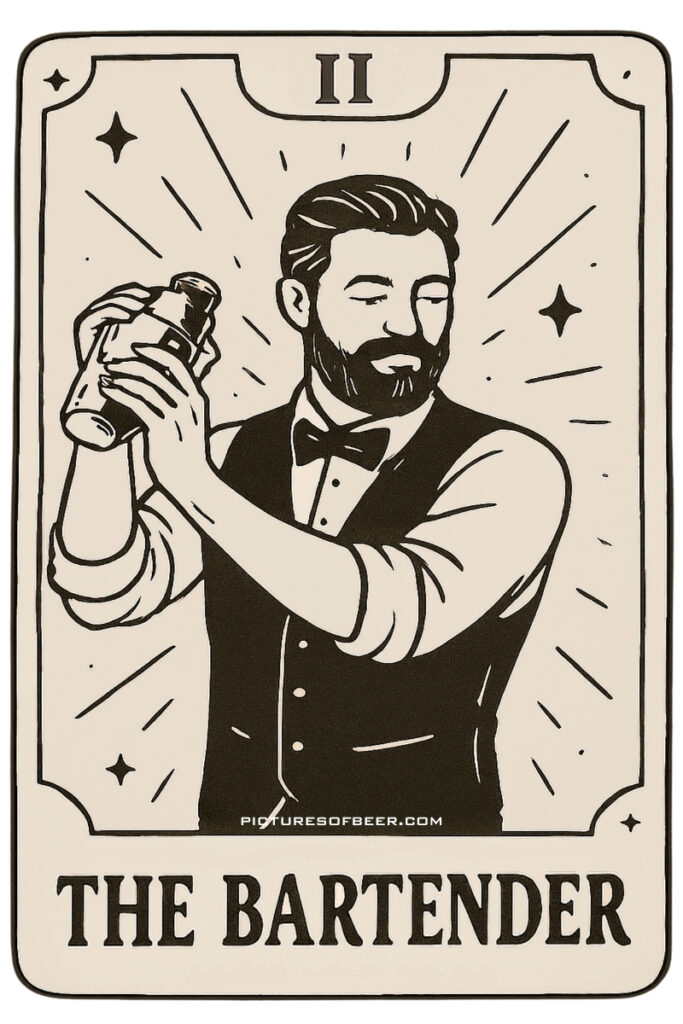 Cocktail tarot illustration of a bartender shaking a drink – The Alchemist archetype