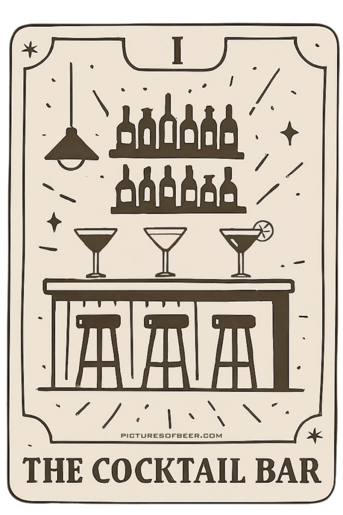 Cocktail tarot card featuring a cozy bar scene with stools and drinks – The Host archetype