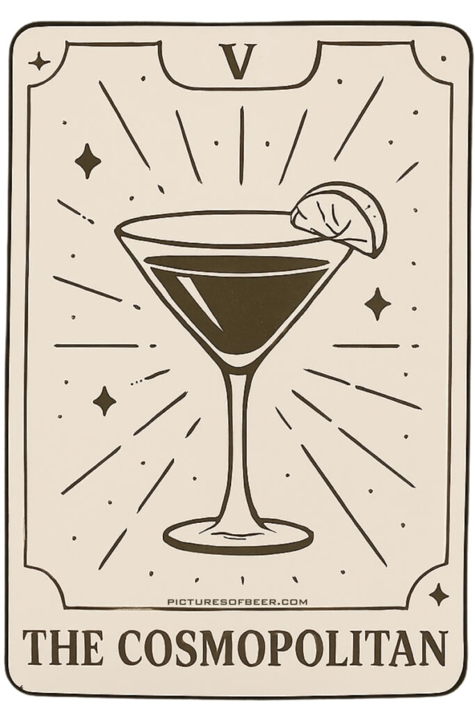 Stylized cocktail tarot card of a Cosmopolitan with lime wedge – The It Girl archetype