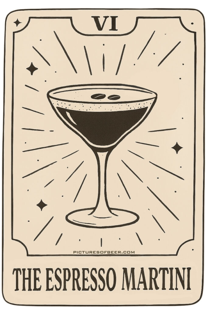 Cocktail tarot card showing an Espresso Martini with coffee beans – The Hustler archetype