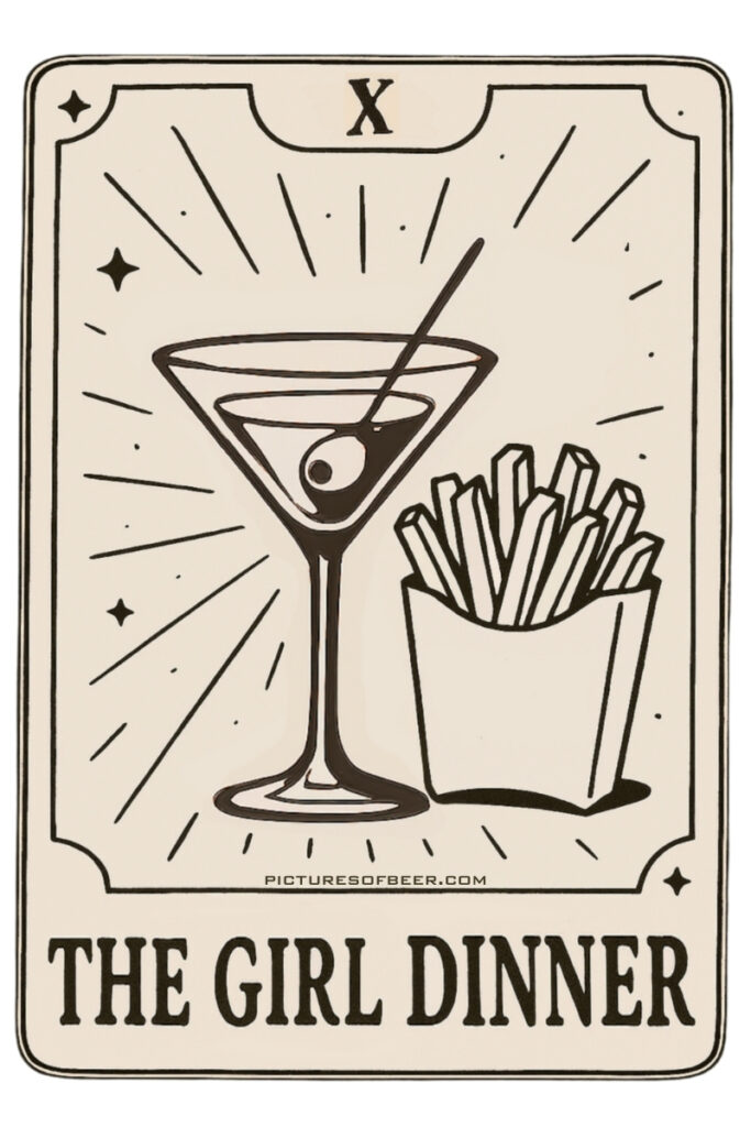 Cocktail tarot card with a martini and fries – The Rebel archetype