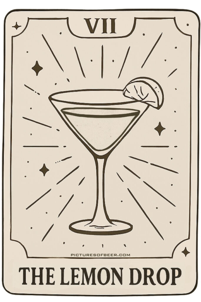 Cocktail tarot illustration of a Lemon Drop martini with lemon garnish – The Sweetheart archetype