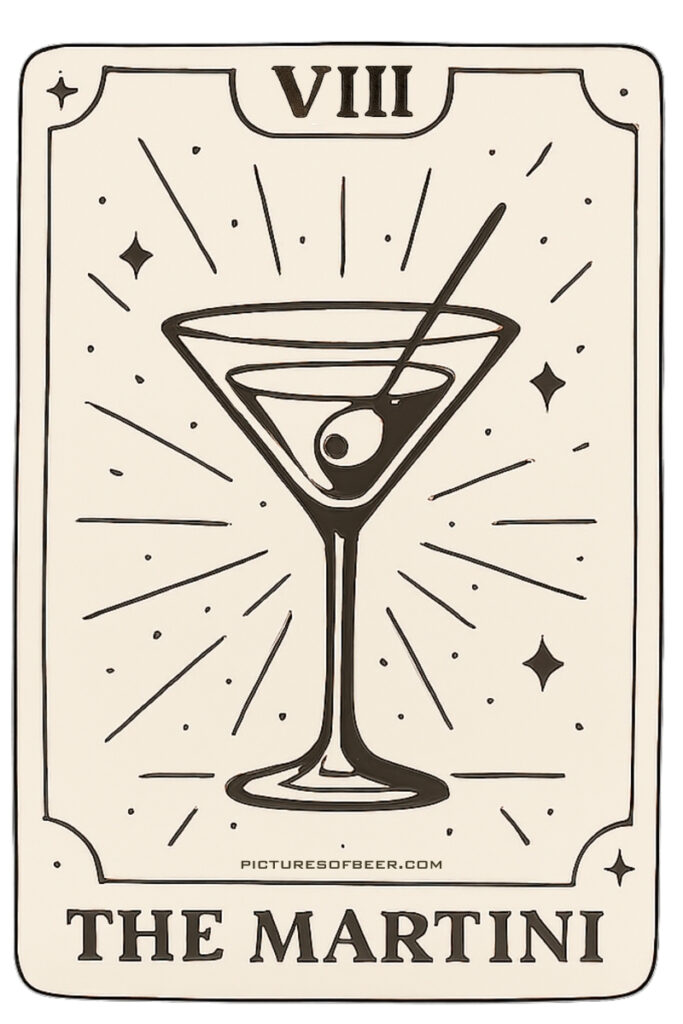 Cocktail tarot card featuring a classic martini with olive – The Enigma archetype