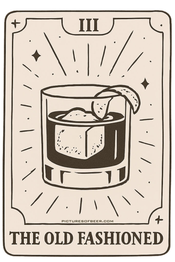 Vintage-style cocktail tarot card showing an Old Fashioned with ice and orange peel – The Classic archetype