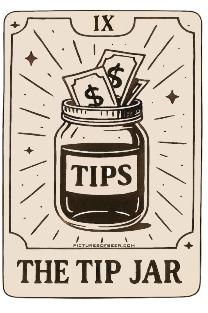 Cocktail tarot card showing a tip jar with dollar bills – The Giver archetype