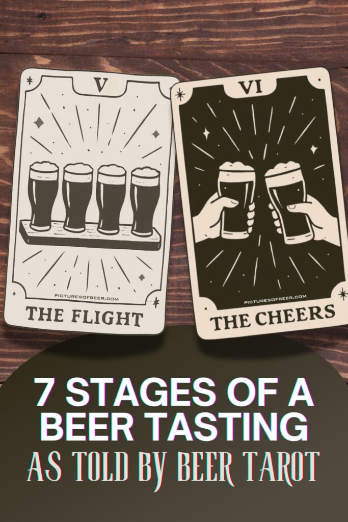 Two illustrated tarot-style cards labeled “V THE FLIGHT” and “VI THE CHEERS,” showing a beer flight of four glasses and a celebratory toast with clinking pints. Includes decorative borders and the website “PICTURESOFBEER.COM” printed at the bottom, with text reading “7 Stages of a Beer Tasting as told by Beer Tarot.