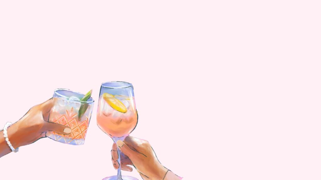 Two illustrated hands clink cocktail glasses against a soft pink background. One glass holds a clear drink with ice and a lime wedge, and the other holds a pink cocktail with ice and a lemon slice.