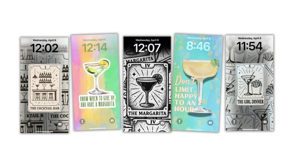 Collage of five cocktail‑themed phone wallpapers, including a black‑and‑white bar illustration, a colorful margarita quote design, a tarot‑style margarita card, a blue “Don’t limit happy to an hour” wallpaper, and a black‑and‑white “Girl Dinner” martini tarot card.