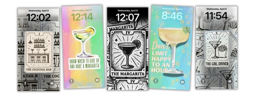 Collage of five cocktail‑themed phone wallpapers, including a black‑and‑white bar illustration, a colorful margarita quote design, a tarot‑style margarita card, a blue “Don’t limit happy to an hour” wallpaper, and a black‑and‑white “Girl Dinner” martini tarot card.
