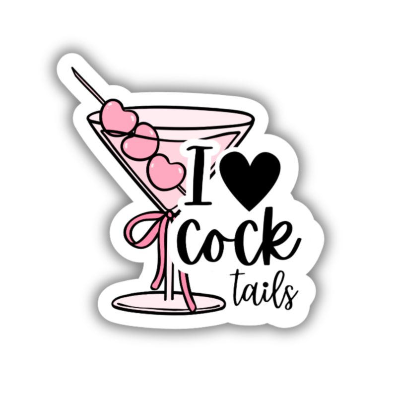Pink cocktail glass with heart‑shaped garnish and a playful “I love cocktails” design in a feminine, cheeky style.