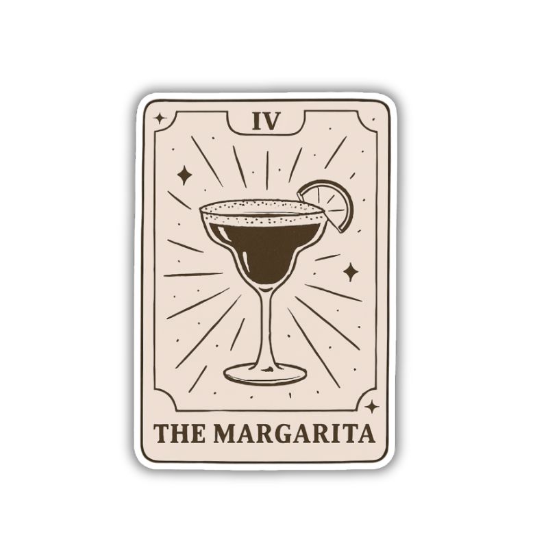 Tarot‑style illustration of a margarita glass with a salted rim and lime wedge, labeled “The Margarita” with decorative star accents.